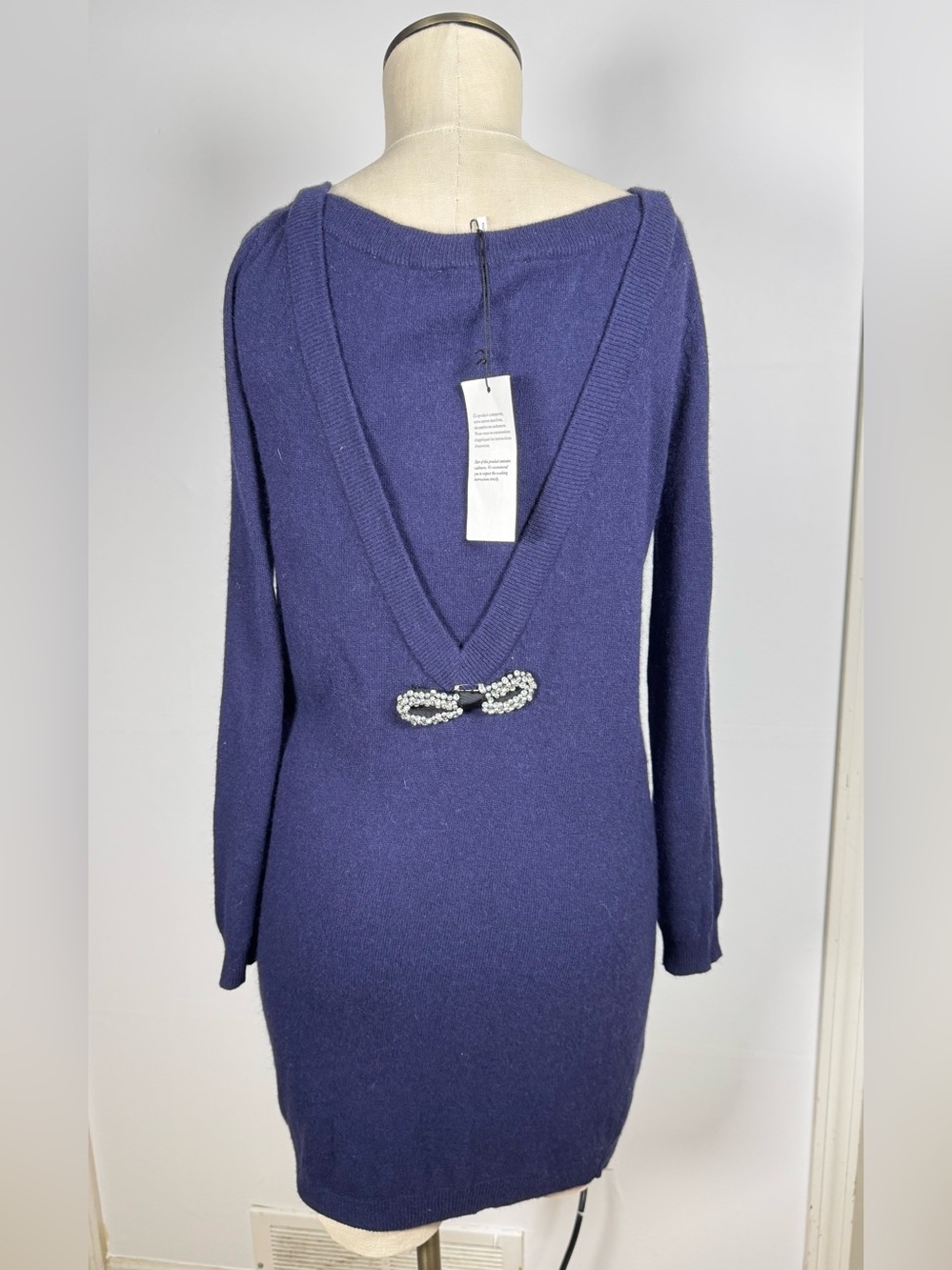 NWOT SANDRO Lambswool Cashmere Blend Blue Rhinestone Bow Detail Dress Sz US 4